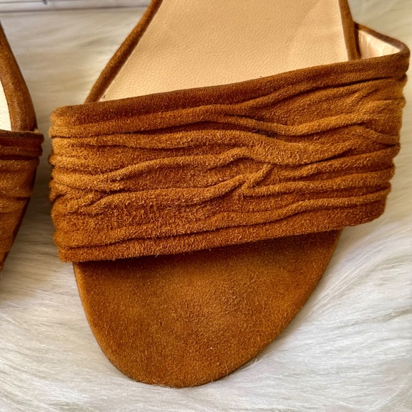 Stuart Weitzman Ankle Wrap Swifty Heels Camel Suede Sandals | Tan Brown Size 10 - Picture 14 of 15